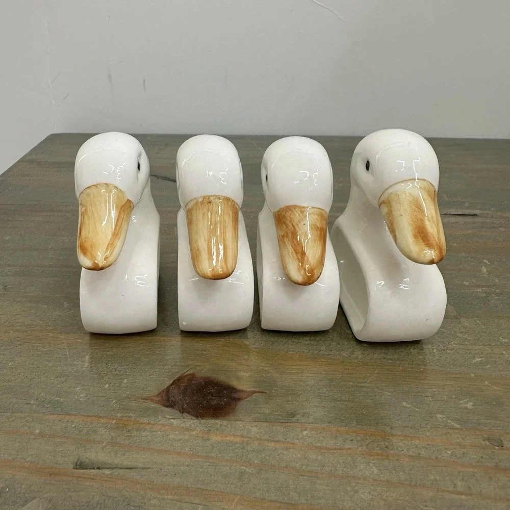 Set Of 4 Ceramic White Duck Napkin Ring Holders Handmade Hand Painted 2.5